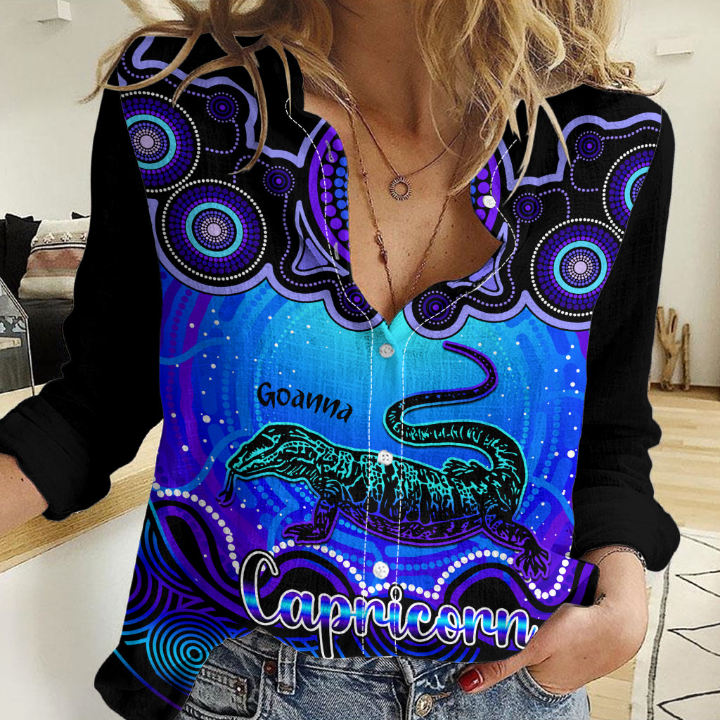 Personalised Australia Capricorn Goanna Zodiac Women Casual Shirt Auz Astrology Aboriginal - Blue LT9