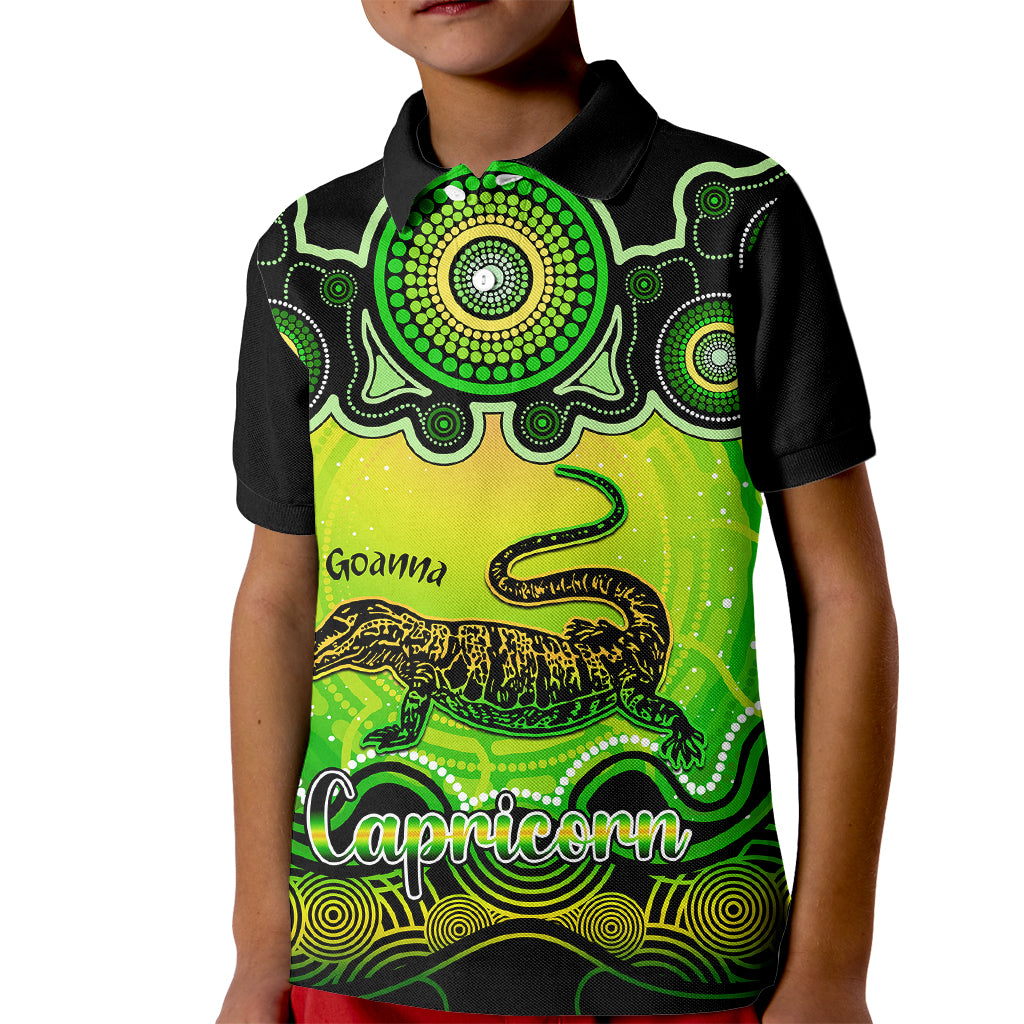 personalised-australia-capricorn-goanna-zodiac-kid-polo-shirt-auz-astrology-aboriginal-green