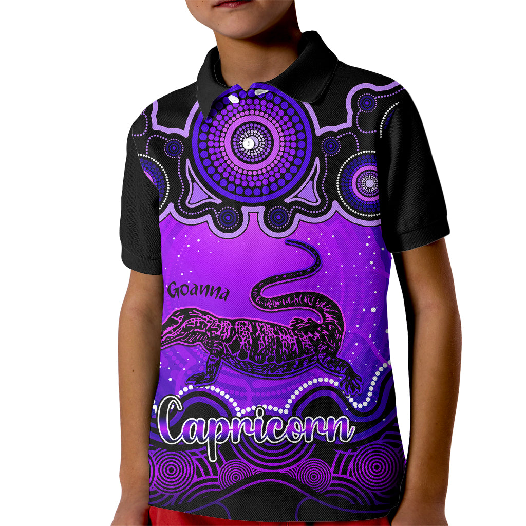 personalised-australia-capricorn-goanna-zodiac-kid-polo-shirt-auz-astrology-aboriginal-purple