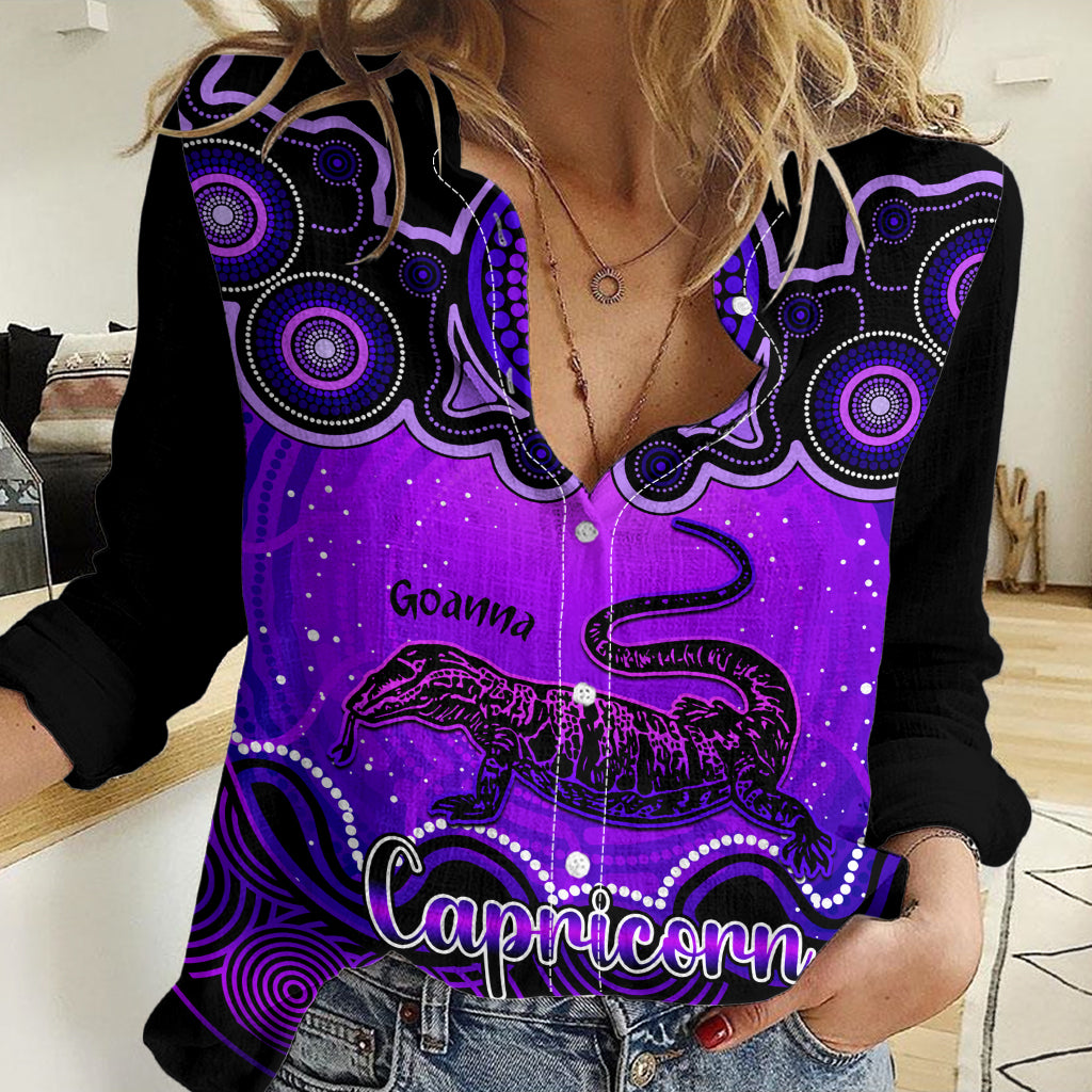 Personalised Australia Capricorn Goanna Zodiac Women Casual Shirt Auz Astrology Aboriginal - Purple LT9