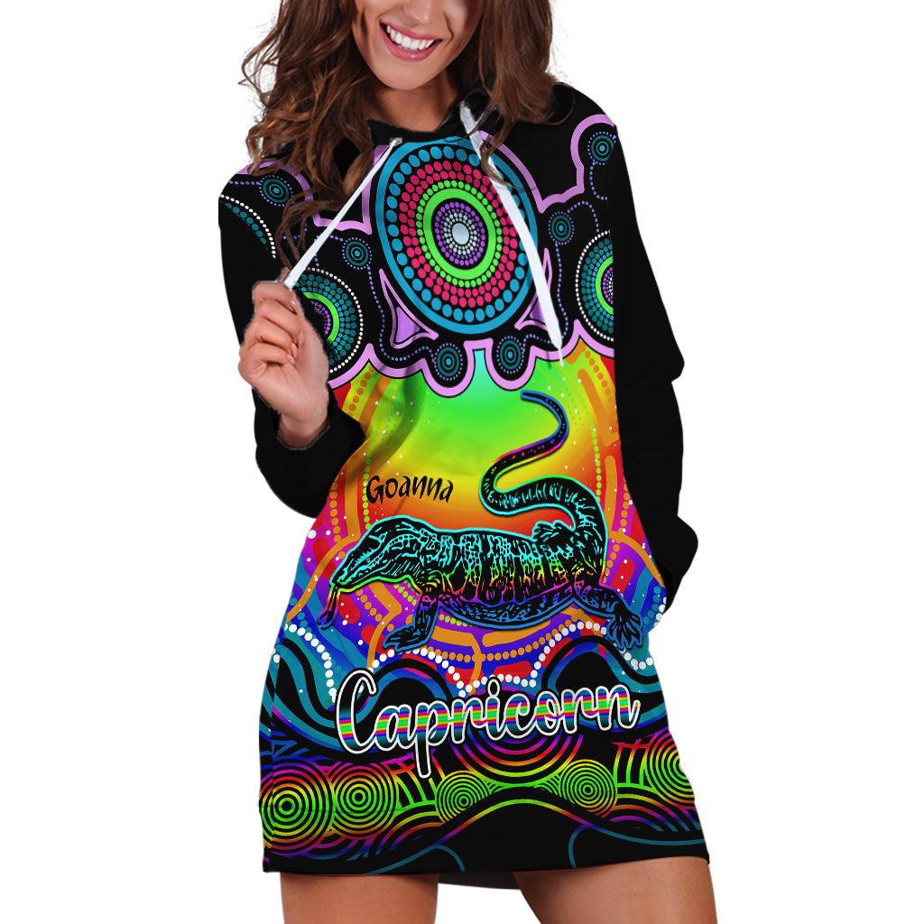 personalised-australia-capricorn-goanna-zodiac-hoodie-dress-auz-astrology-aboriginal-rainbow