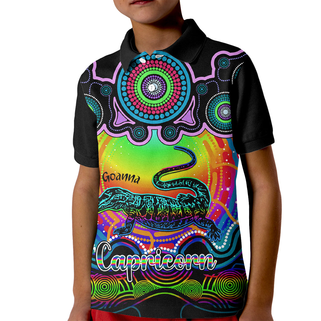 personalised-australia-capricorn-goanna-zodiac-kid-polo-shirt-auz-astrology-aboriginal-rainbow