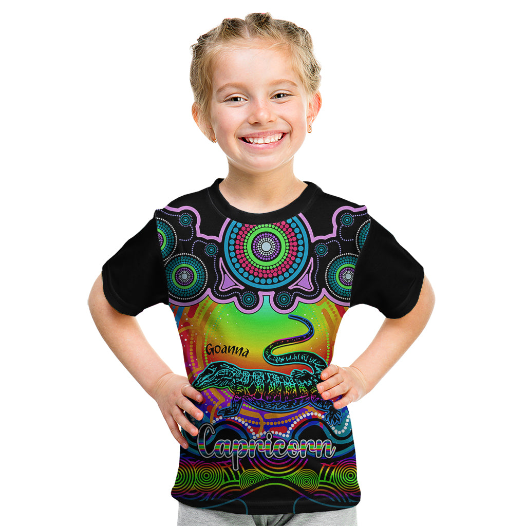 personalised-australia-capricorn-goanna-zodiac-kid-t-shirt-auz-astrology-aboriginal-rainbow