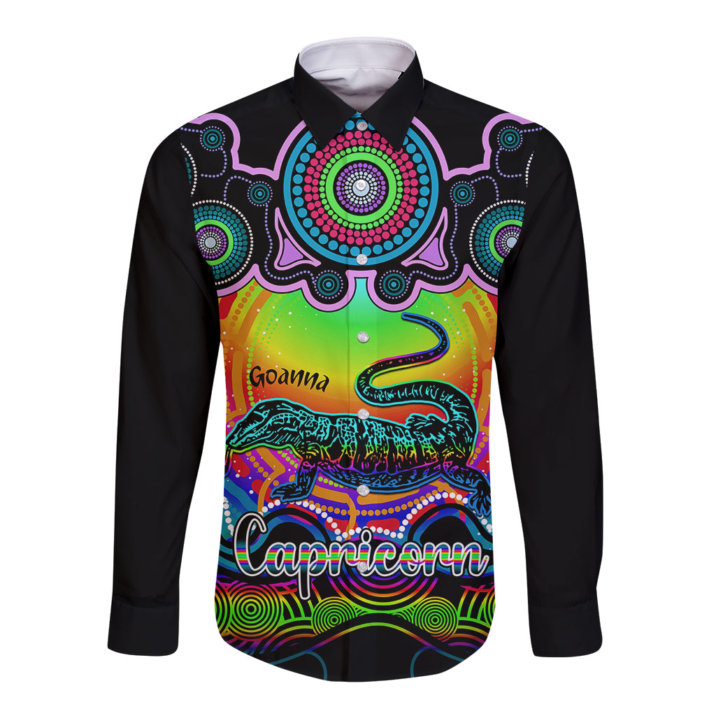 personalised-australia-capricorn-goanna-zodiac-long-sleeve-button-shirt-auz-astrology-aboriginal-rainbow