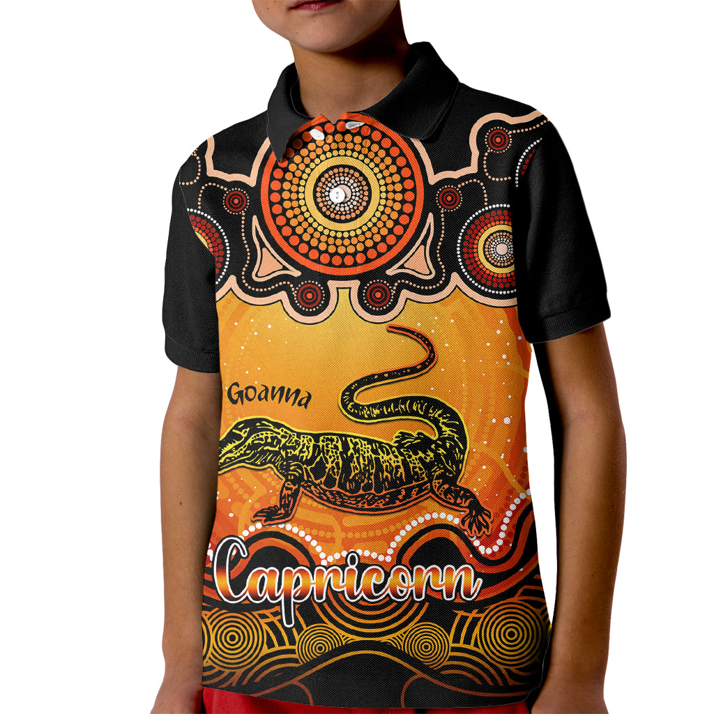 personalised-australia-capricorn-goanna-zodiac-kid-polo-shirt-auz-astrology-aboriginal-red