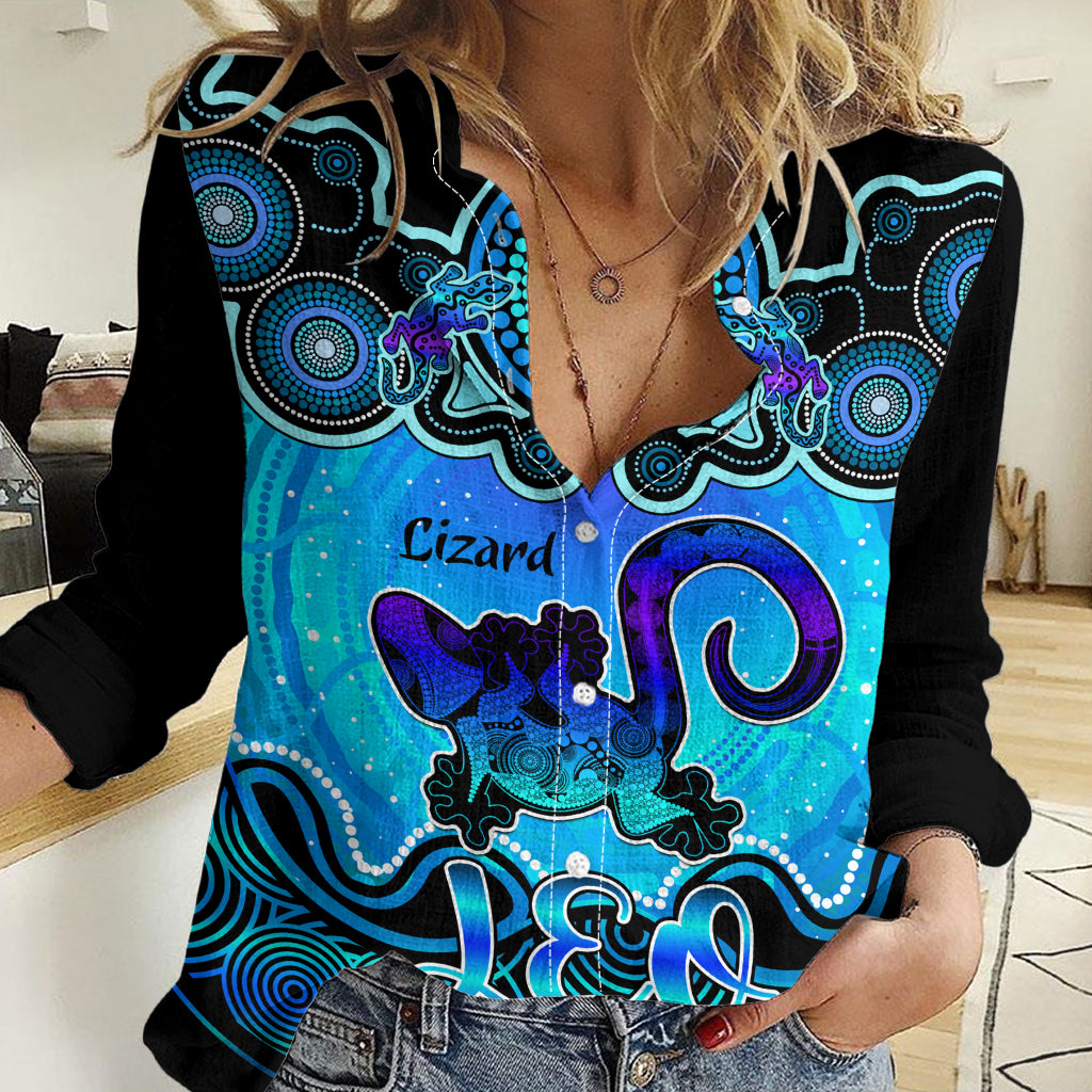 Personalised Australia Leo Lizard Zodiac Women Casual Shirt Auz Astrology Aboriginal - Aqua LT9