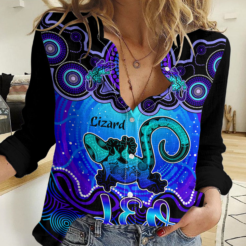 Personalised Australia Leo Lizard Zodiac Women Casual Shirt Auz Astrology Aboriginal - Blue LT9