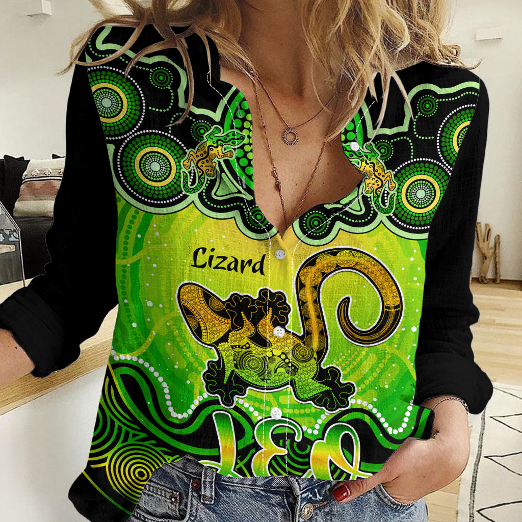 Personalised Australia Leo Lizard Zodiac Women Casual Shirt Auz Astrology Aboriginal - Green LT9