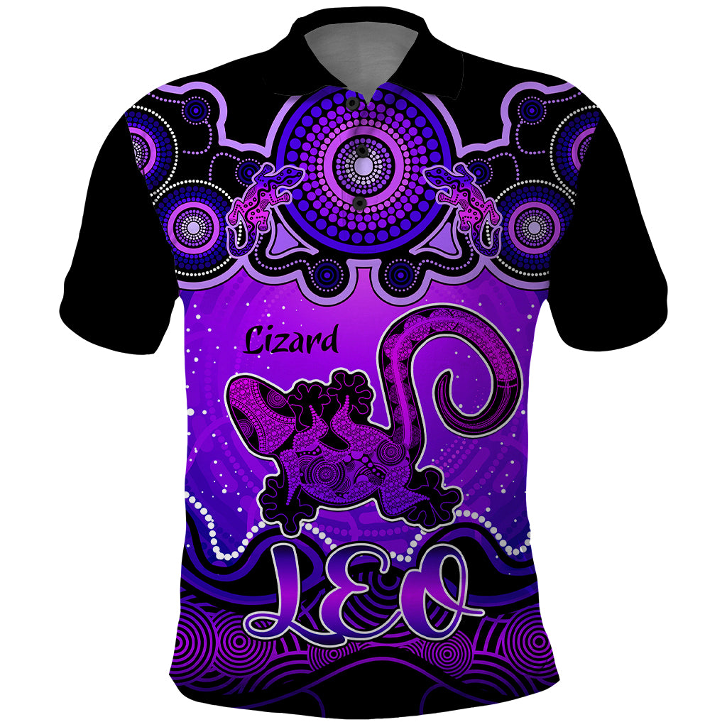 personalised-australia-leo-lizard-zodiac-polo-shirt-auz-astrology-aboriginal-purple