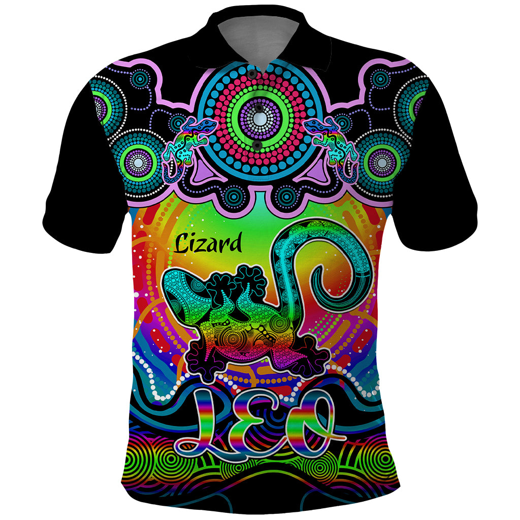 personalised-australia-leo-lizard-zodiac-polo-shirt-auz-astrology-aboriginal-rainbow