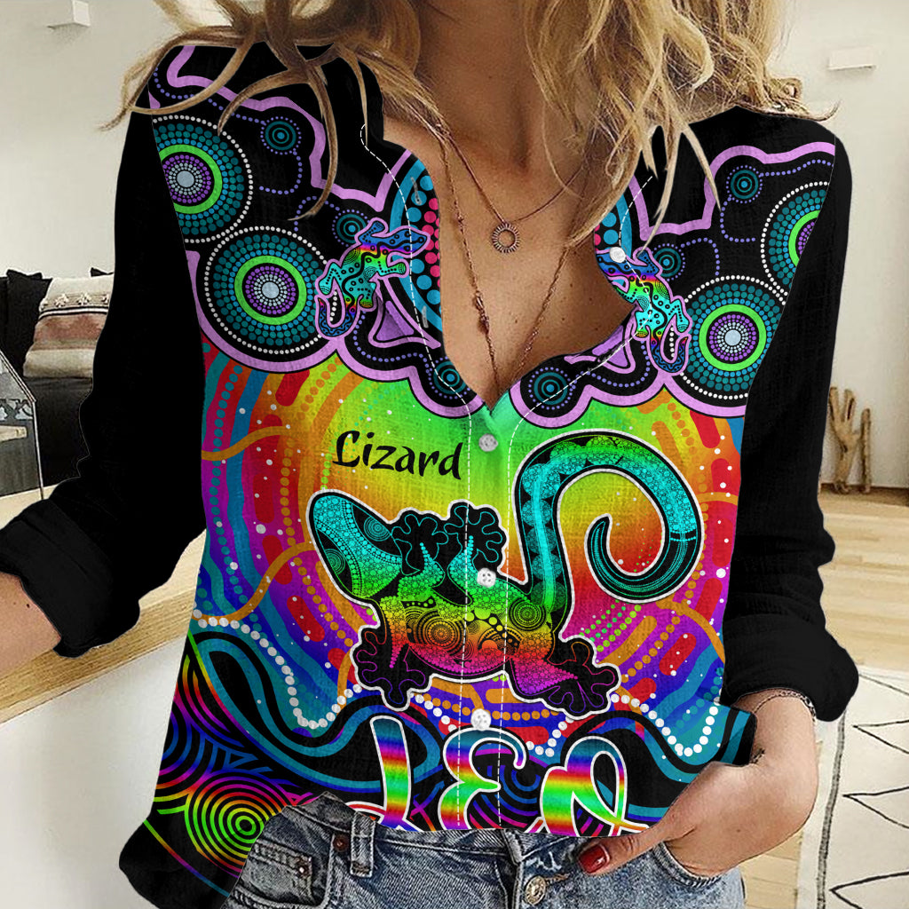 Personalised Australia Leo Lizard Zodiac Women Casual Shirt Auz Astrology Aboriginal - Rainbow LT9