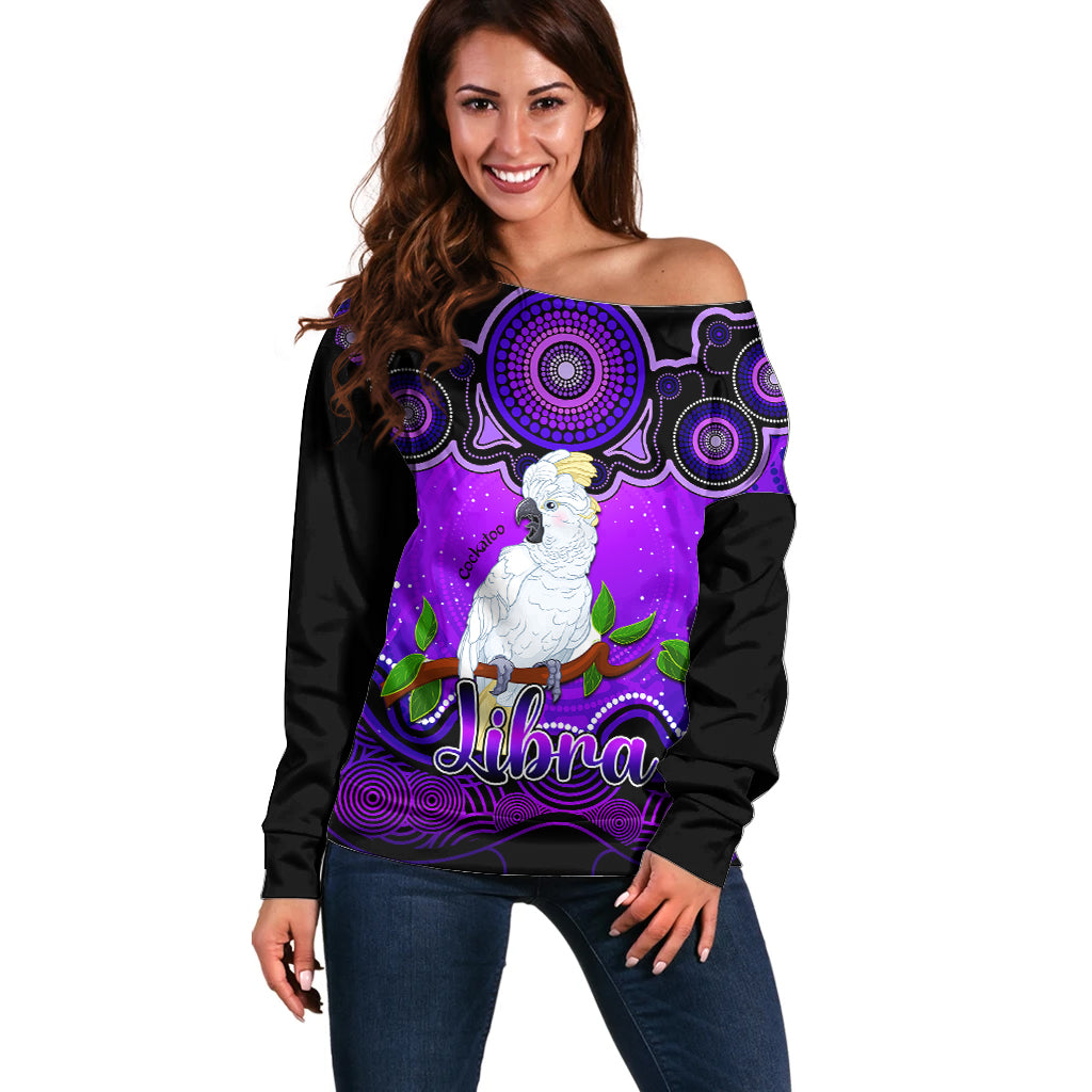 personalised-australia-libra-cockatoo-zodiac-off-shoulder-sweater-auz-astrology-aboriginal-purple