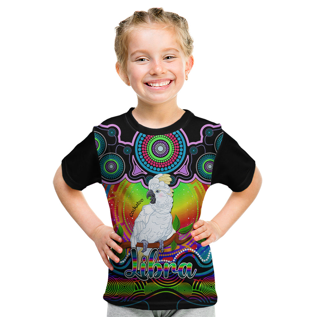 personalised-australia-libra-cockatoo-zodiac-kid-t-shirt-auz-astrology-aboriginal-rainbow