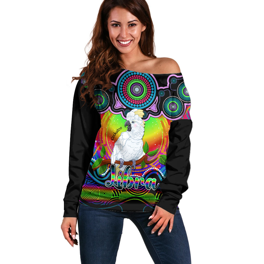 personalised-australia-libra-cockatoo-zodiac-off-shoulder-sweater-auz-astrology-aboriginal-rainbow