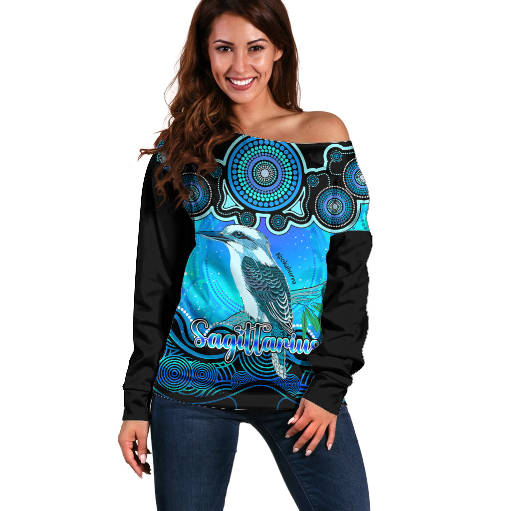 personalised-australia-sagittarius-kookaburra-zodiac-off-shoulder-sweater-auz-astrology-aboriginal-aqua