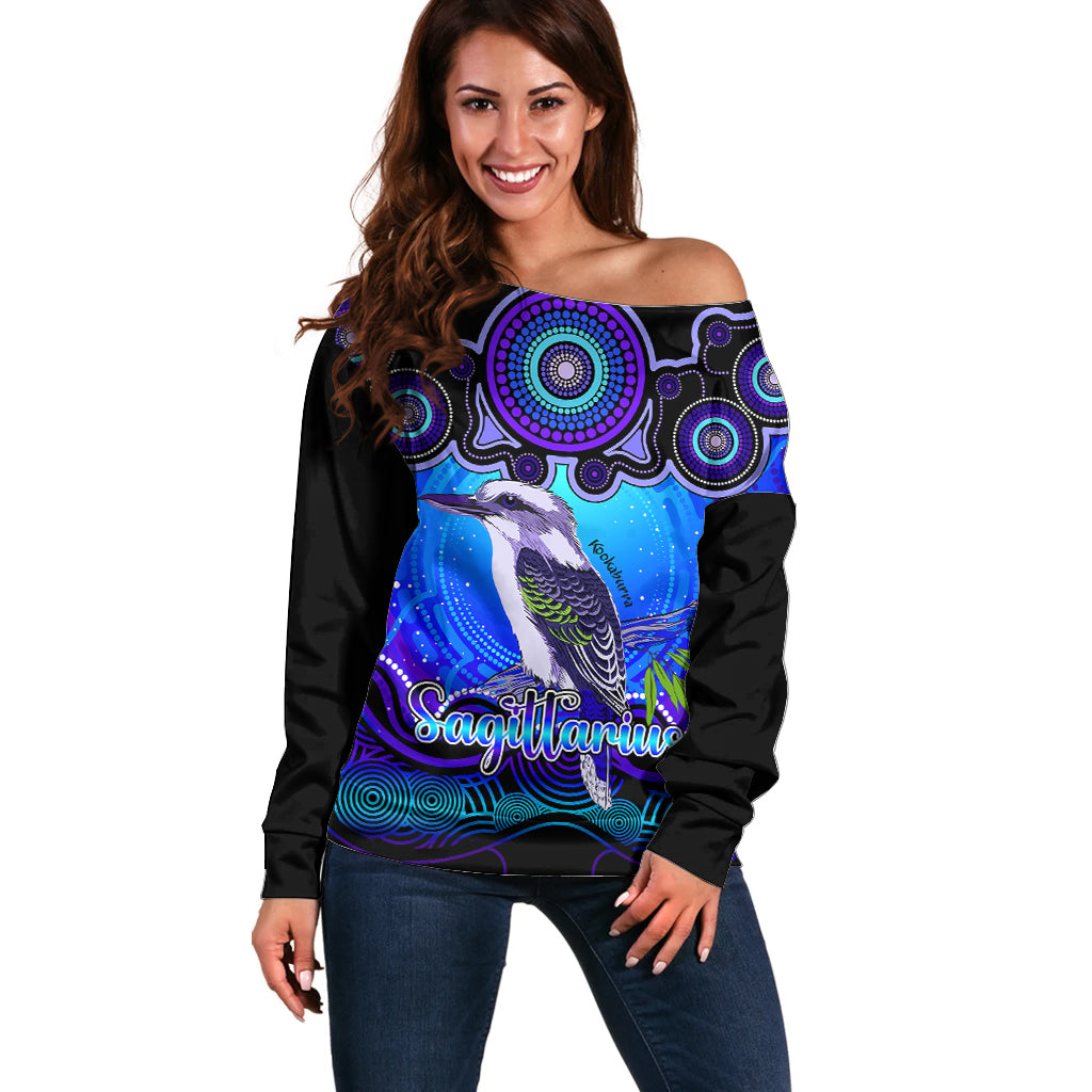 personalised-australia-sagittarius-kookaburra-zodiac-off-shoulder-sweater-auz-astrology-aboriginal-blue