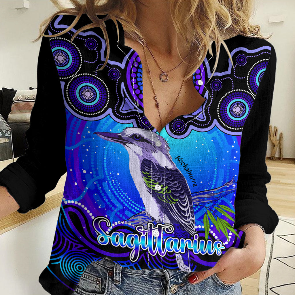 Personalised Australia Sagittarius Kookaburra Zodiac Women Casual Shirt Auz Astrology Aboriginal - Blue LT9