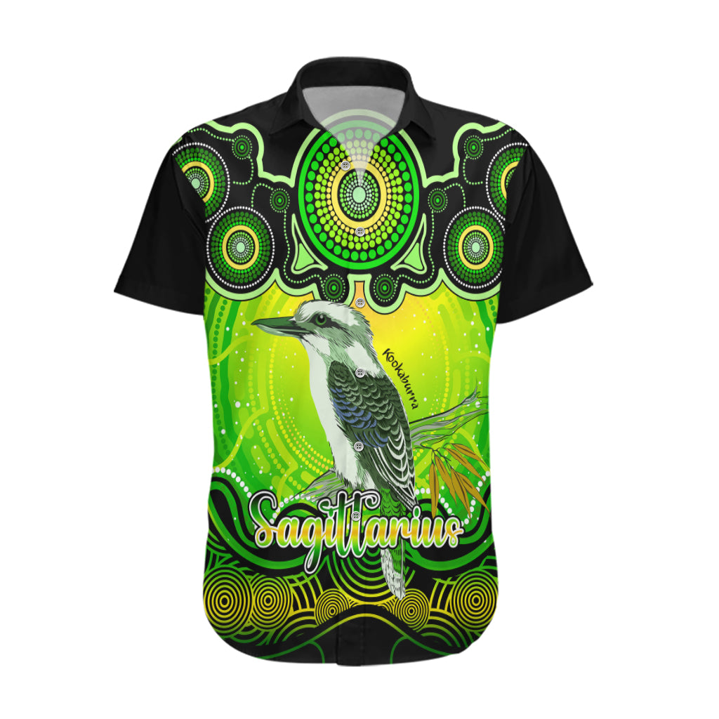 personalised-australia-sagittarius-kookaburra-zodiac-hawaiian-shirt-auz-astrology-aboriginal-green