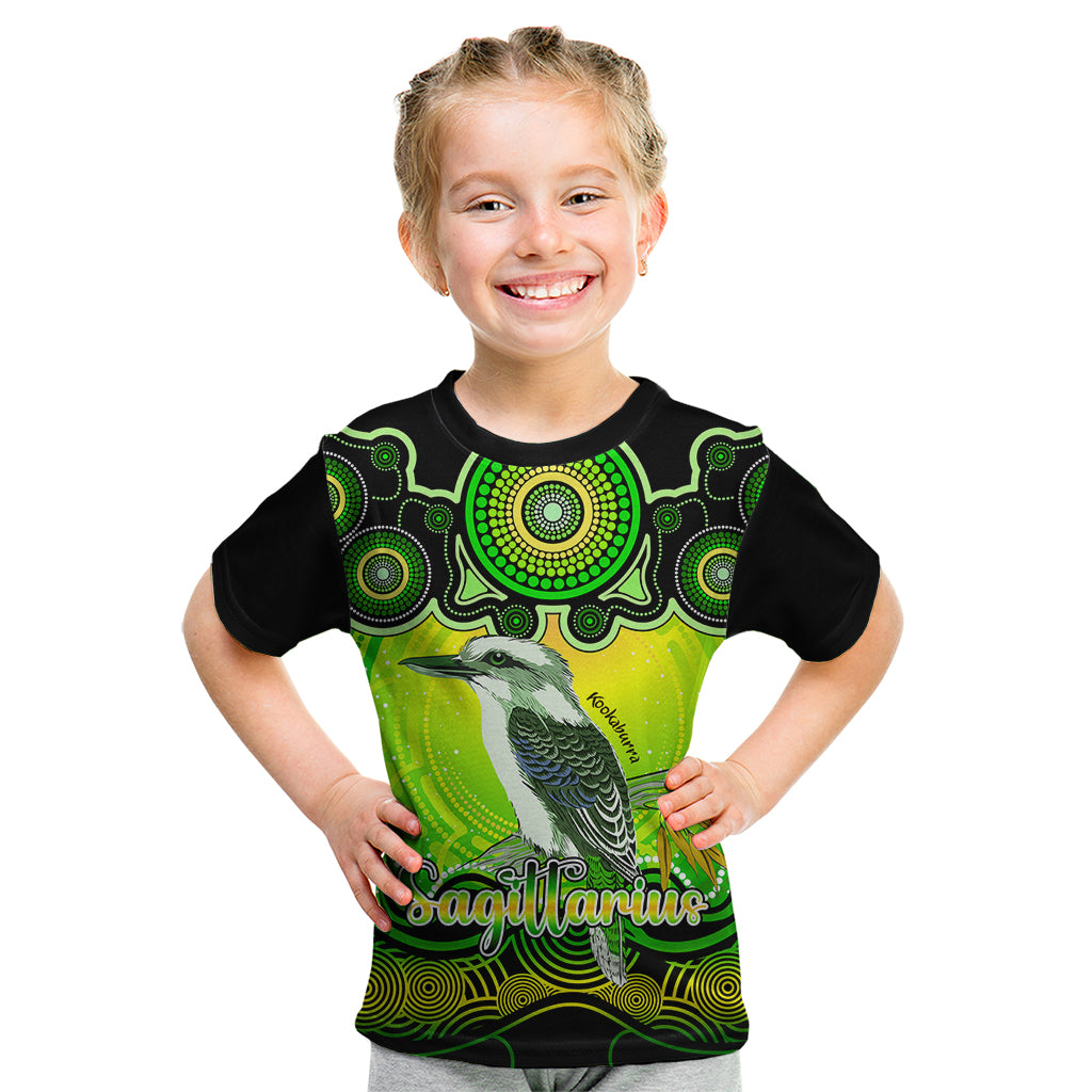 personalised-australia-sagittarius-kookaburra-zodiac-kid-t-shirt-auz-astrology-aboriginal-green