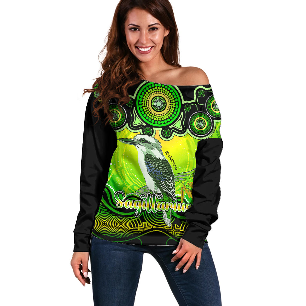 personalised-australia-sagittarius-kookaburra-zodiac-off-shoulder-sweater-auz-astrology-aboriginal-green