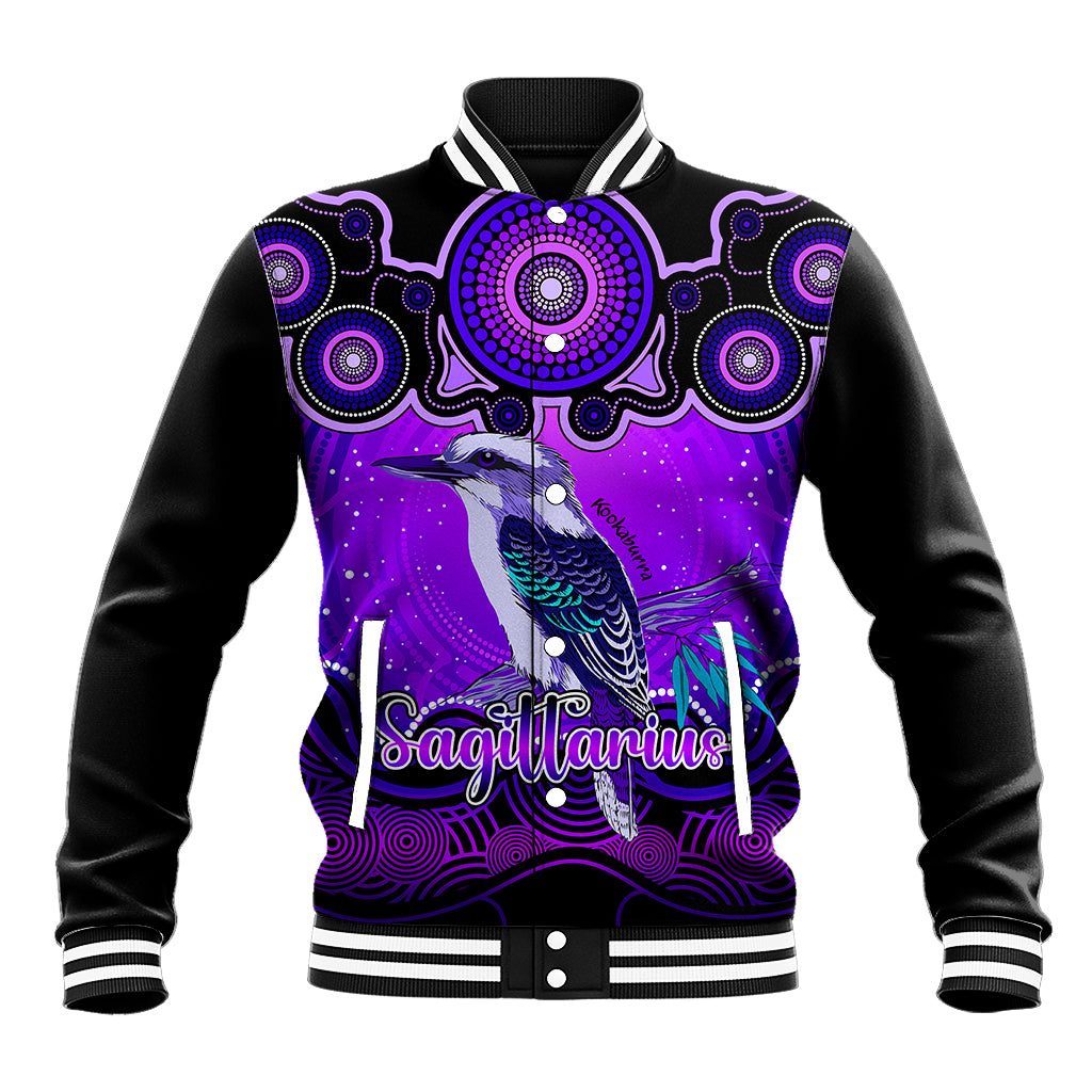 personalised-australia-sagittarius-kookaburra-zodiac-baseball-jacket-auz-astrology-aboriginal-purple