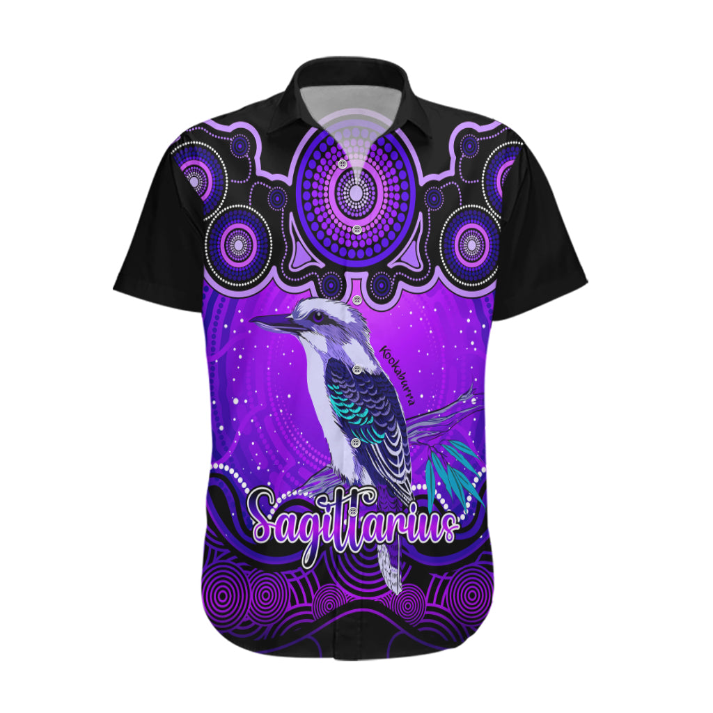 personalised-australia-sagittarius-kookaburra-zodiac-hawaiian-shirt-auz-astrology-aboriginal-purple