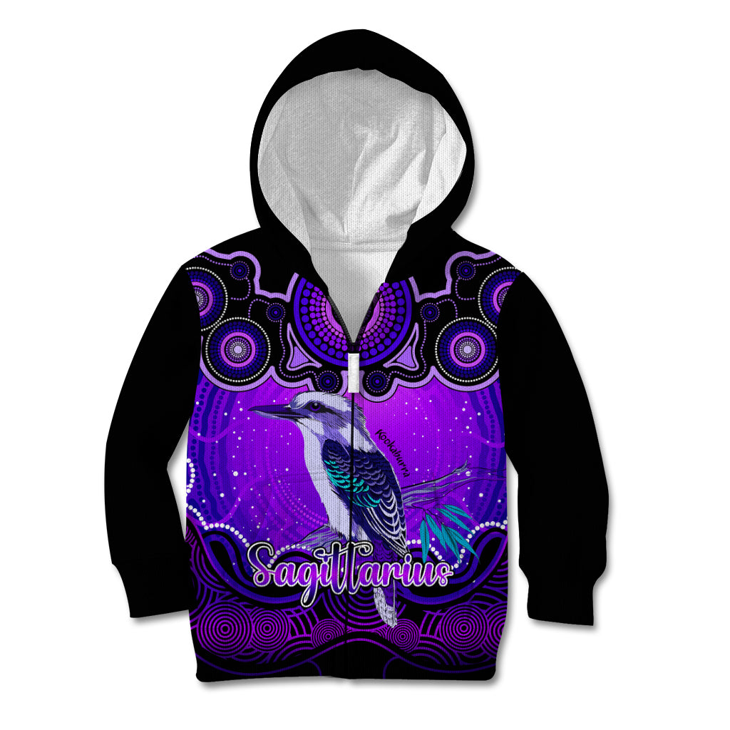 personalised-australia-sagittarius-kookaburra-zodiac-kid-hoodie-auz-astrology-aboriginal-purple