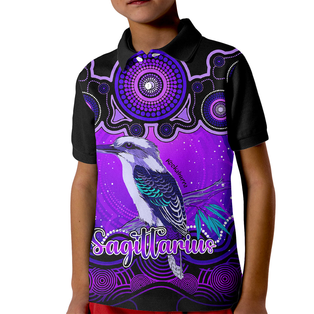 personalised-australia-sagittarius-kookaburra-zodiac-kid-polo-shirt-auz-astrology-aboriginal-purple