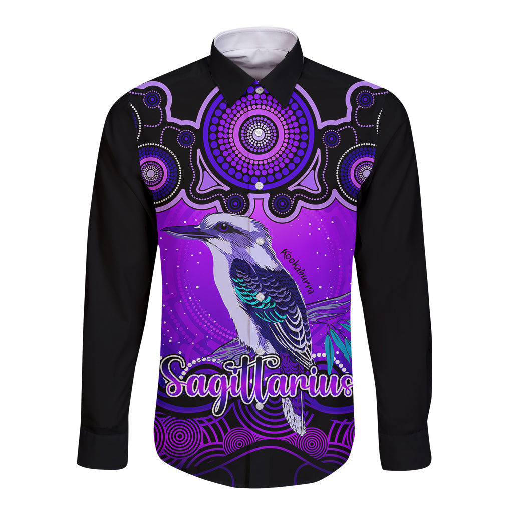 personalised-australia-sagittarius-kookaburra-zodiac-long-sleeve-button-shirt-auz-astrology-aboriginal-purple