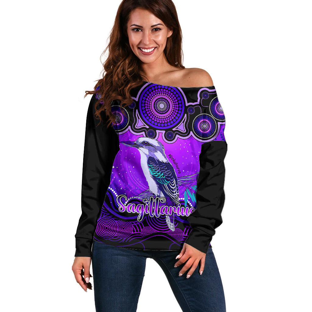 personalised-australia-sagittarius-kookaburra-zodiac-off-shoulder-sweater-auz-astrology-aboriginal-purple