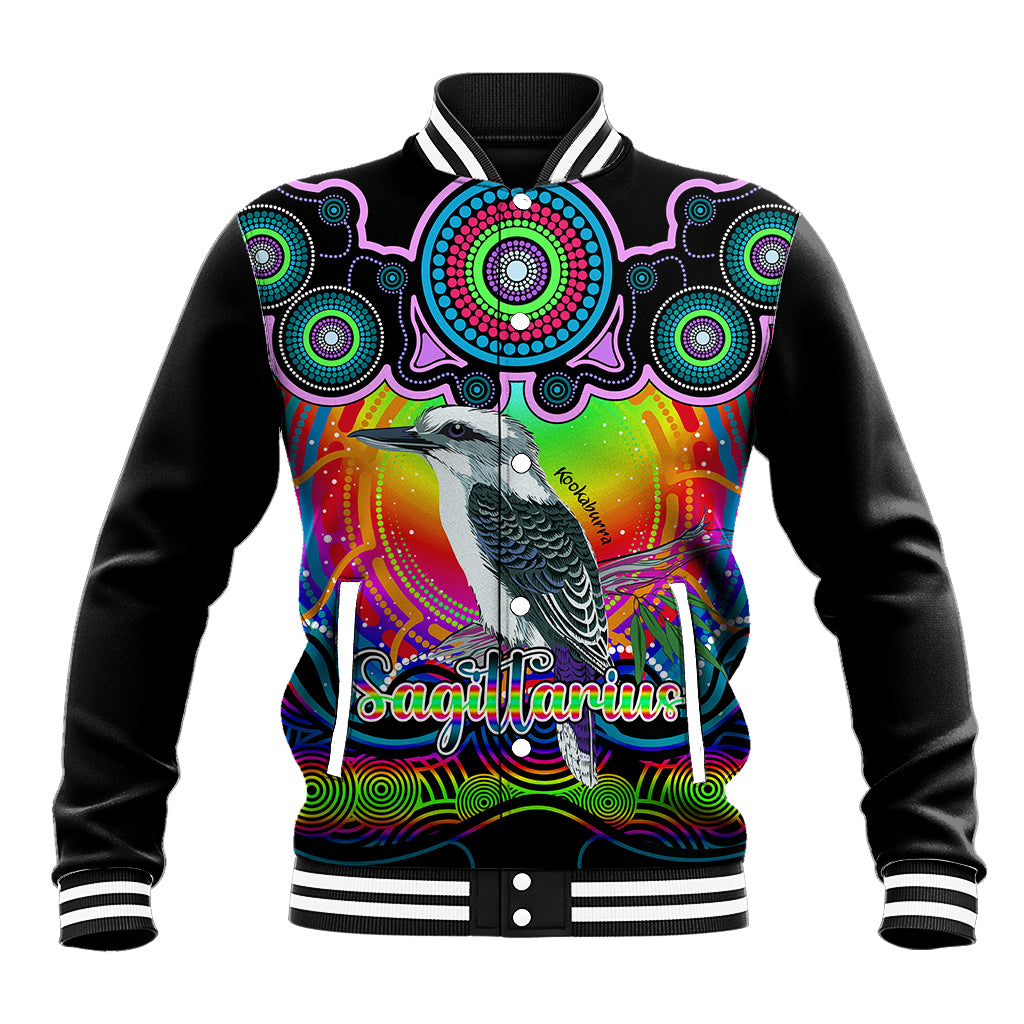 personalised-australia-sagittarius-kookaburra-zodiac-baseball-jacket-auz-astrology-aboriginal-rainbow