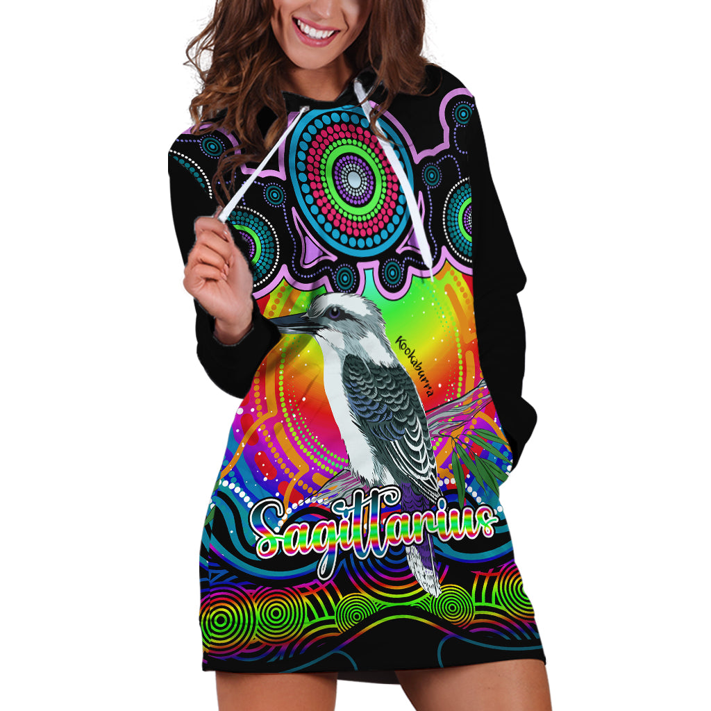 personalised-australia-sagittarius-kookaburra-zodiac-hoodie-dress-auz-astrology-aboriginal-rainbow