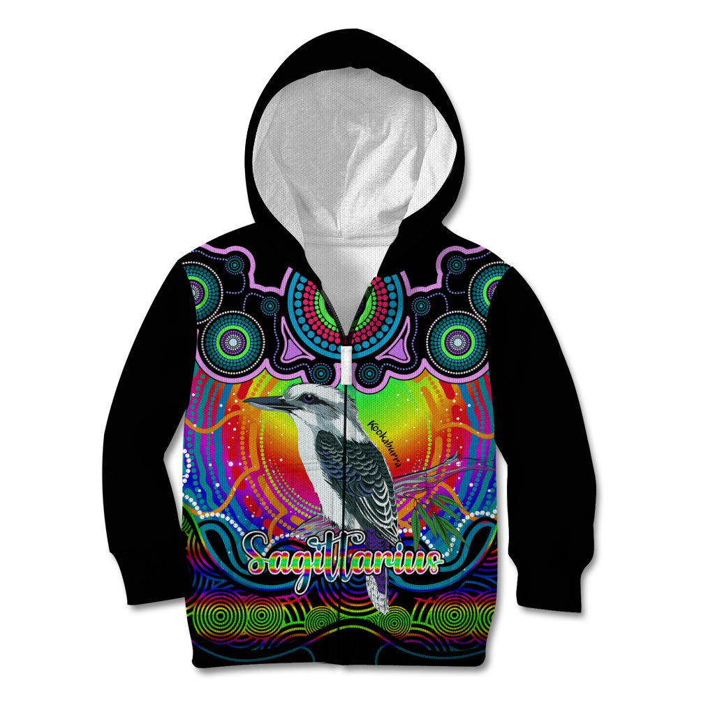 personalised-australia-sagittarius-kookaburra-zodiac-kid-hoodie-auz-astrology-aboriginal-rainbow