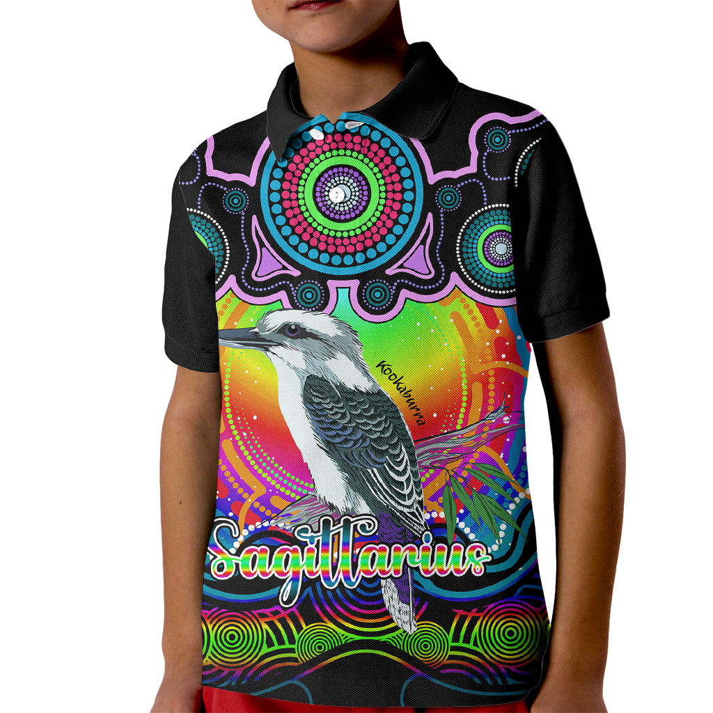 personalised-australia-sagittarius-kookaburra-zodiac-kid-polo-shirt-auz-astrology-aboriginal-rainbow