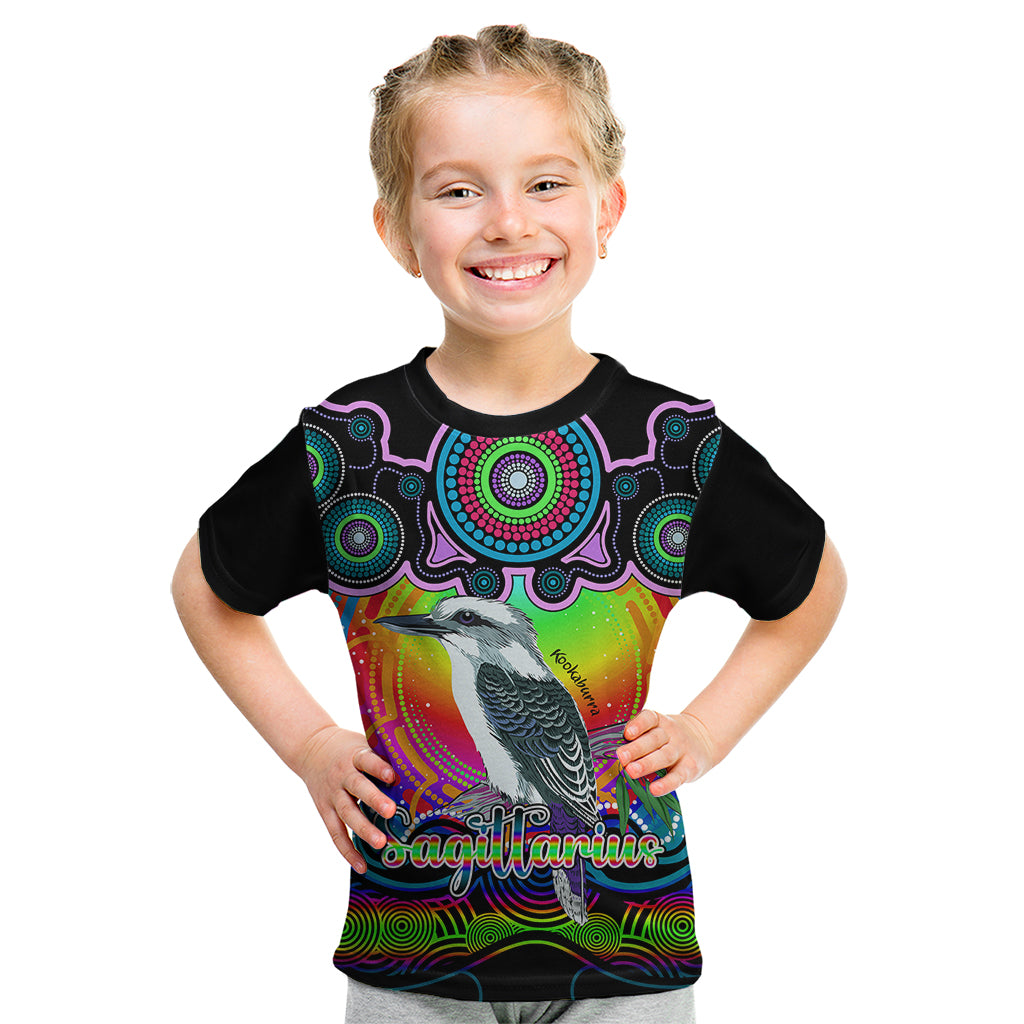 personalised-australia-sagittarius-kookaburra-zodiac-kid-t-shirt-auz-astrology-aboriginal-rainbow