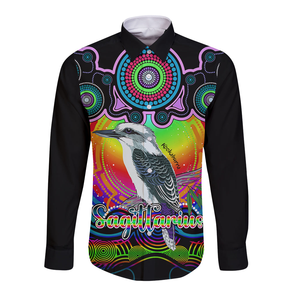 personalised-australia-sagittarius-kookaburra-zodiac-long-sleeve-button-shirt-auz-astrology-aboriginal-rainbow