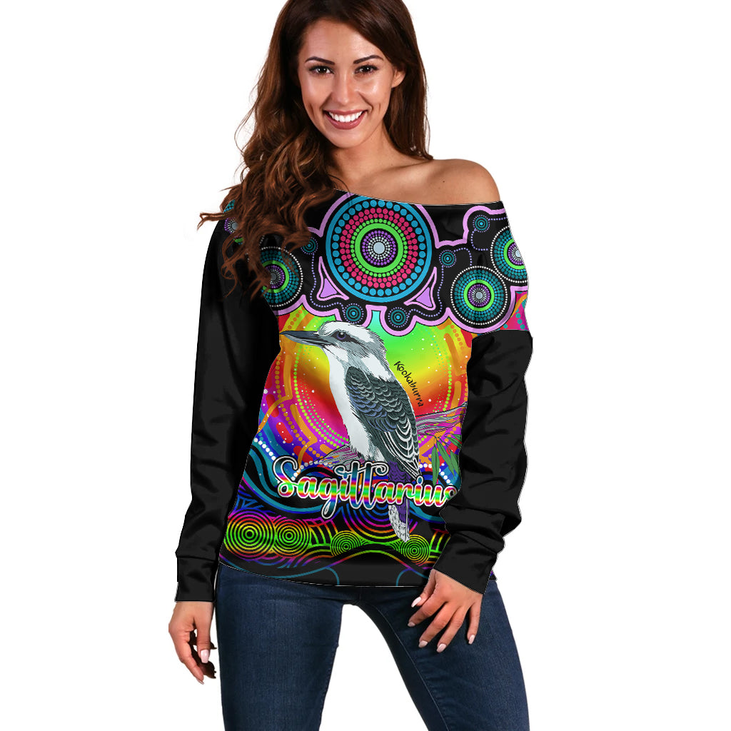 personalised-australia-sagittarius-kookaburra-zodiac-off-shoulder-sweater-auz-astrology-aboriginal-rainbow