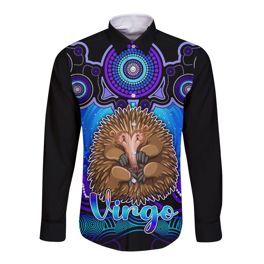 personalised-australia-virgo-echidna-zodiac-long-sleeve-button-shirt-auz-astrology-aboriginal-blue