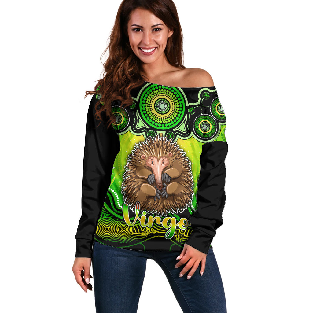 personalised-australia-virgo-echidna-zodiac-off-shoulder-sweater-auz-astrology-aboriginal-green