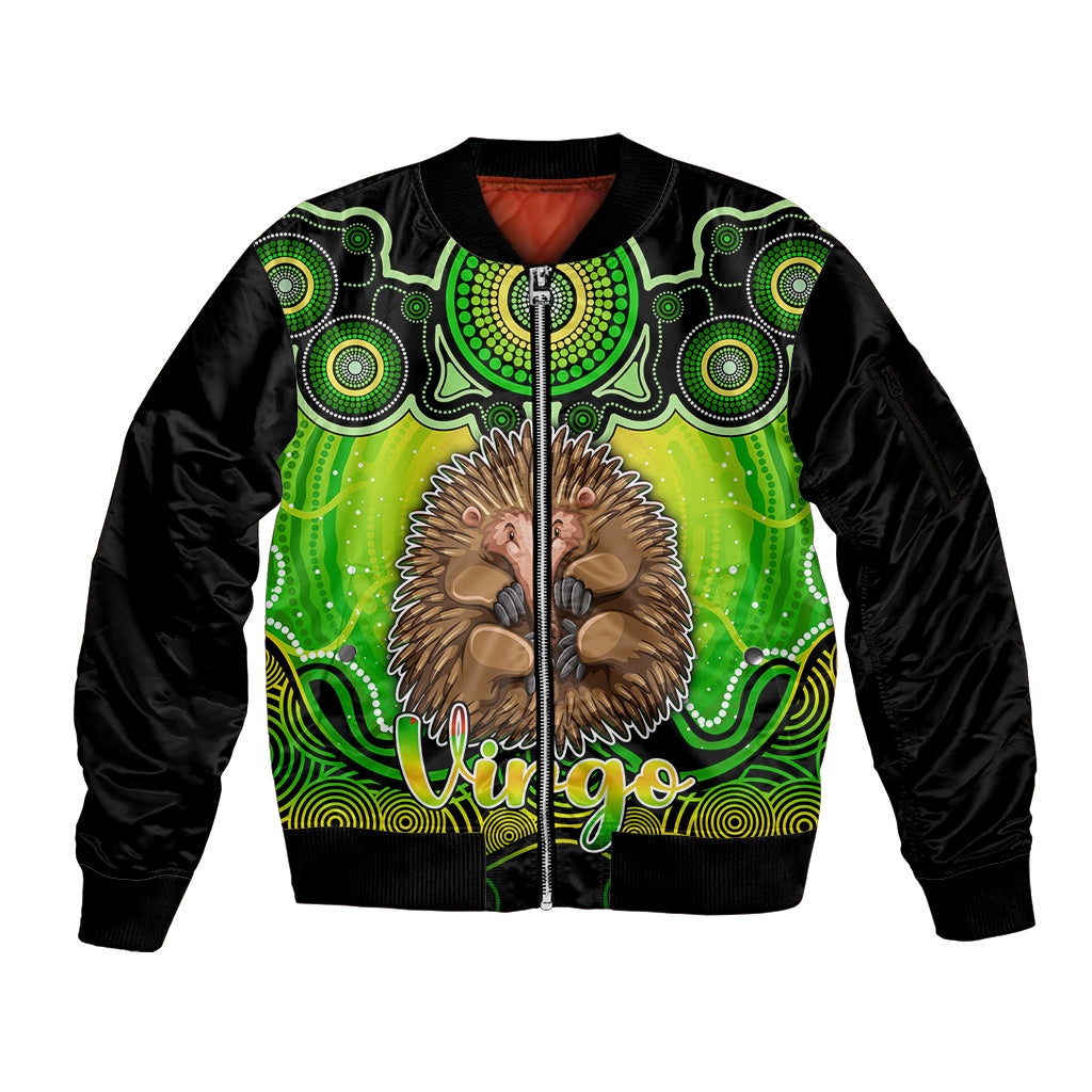 personalised-australia-virgo-echidna-zodiac-sleeve-zip-bomber-jacket-auz-astrology-aboriginal-green