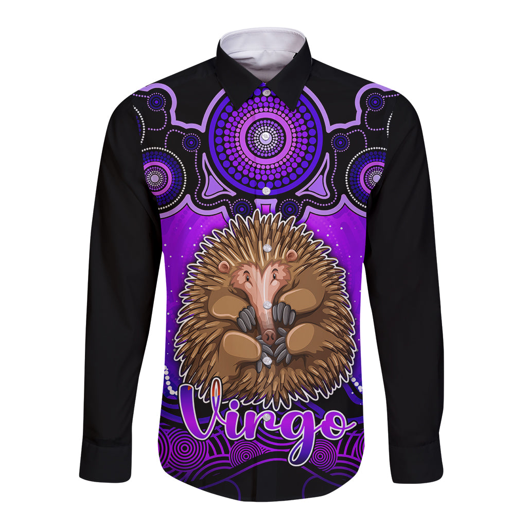 personalised-australia-virgo-echidna-zodiac-long-sleeve-button-shirt-auz-astrology-aboriginal-purple