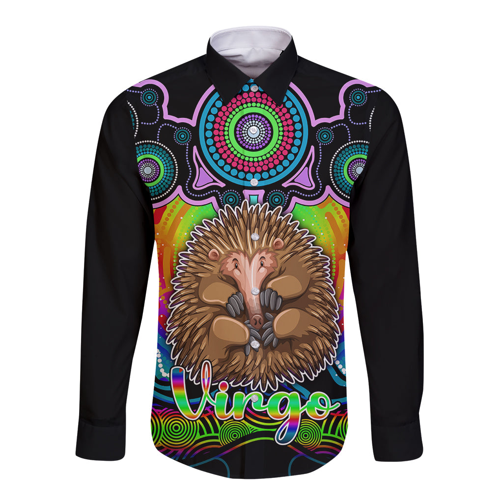 personalised-australia-virgo-echidna-zodiac-long-sleeve-button-shirt-auz-astrology-aboriginal-rainbow