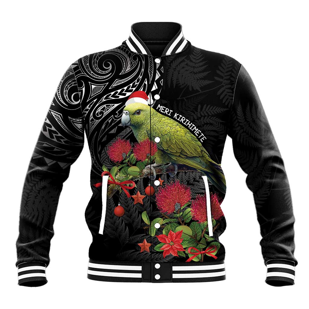 Meri Kirihimete Kakapo Baseball Jacket Black Silver Fern Christmas Vibe