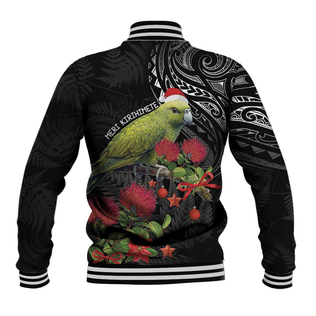 Meri Kirihimete Kakapo Baseball Jacket Black Silver Fern Christmas Vibe