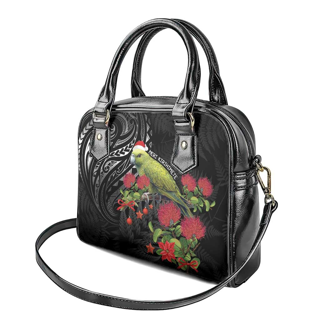 Meri Kirihimete Kakapo Shoulder Handbag Black Silver Fern Christmas Vibe