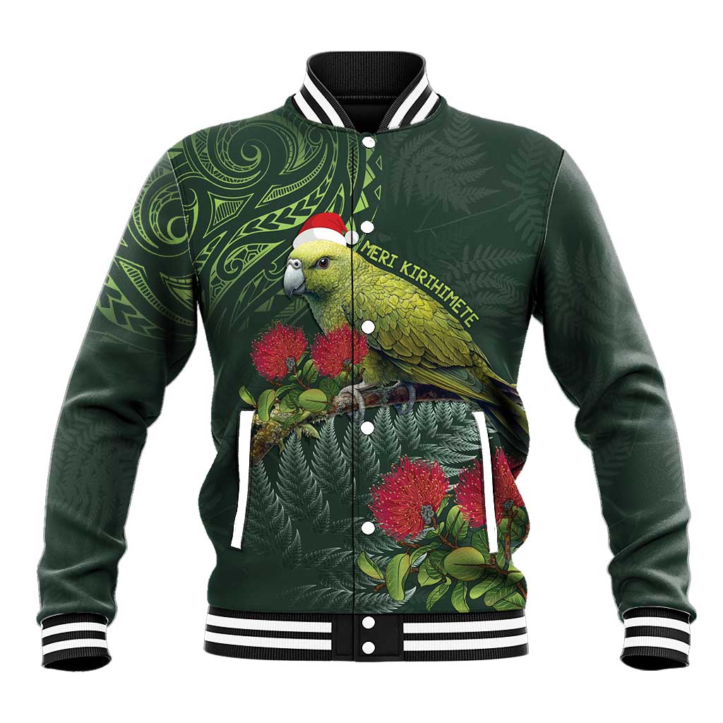 Meri Kirihimete Kakapo Baseball Jacket Green Silver Fern Christmas Vibe