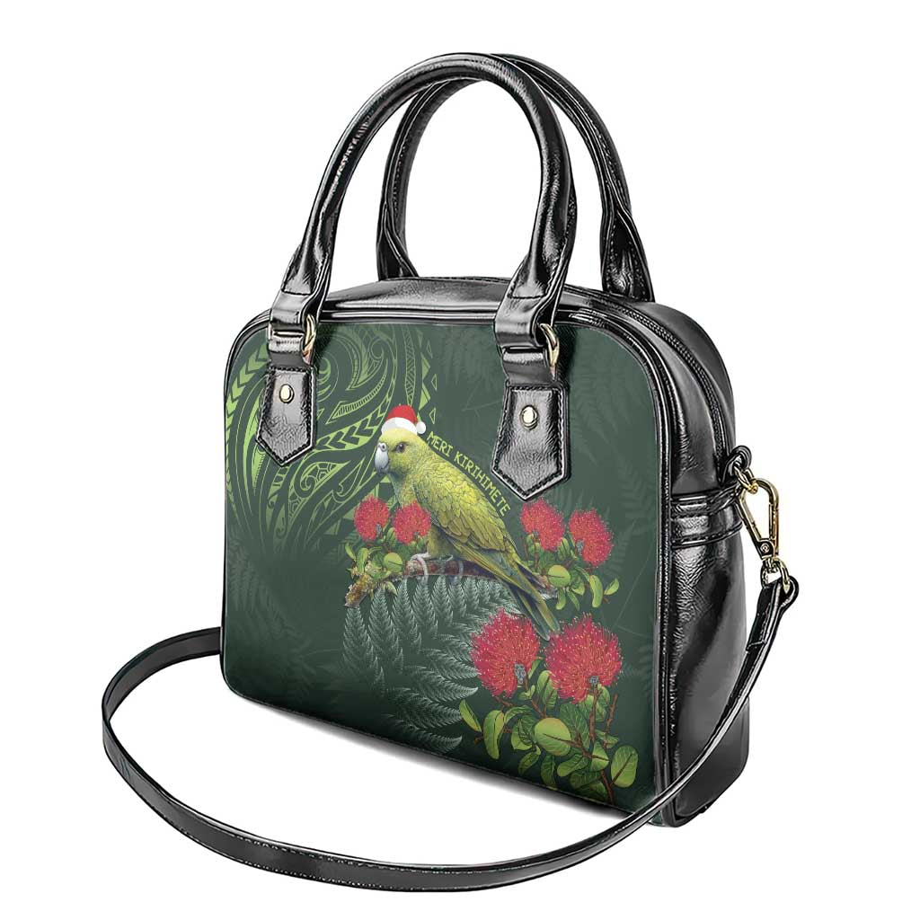 Meri Kirihimete Kakapo Shoulder Handbag Green Silver Fern Christmas Vibe