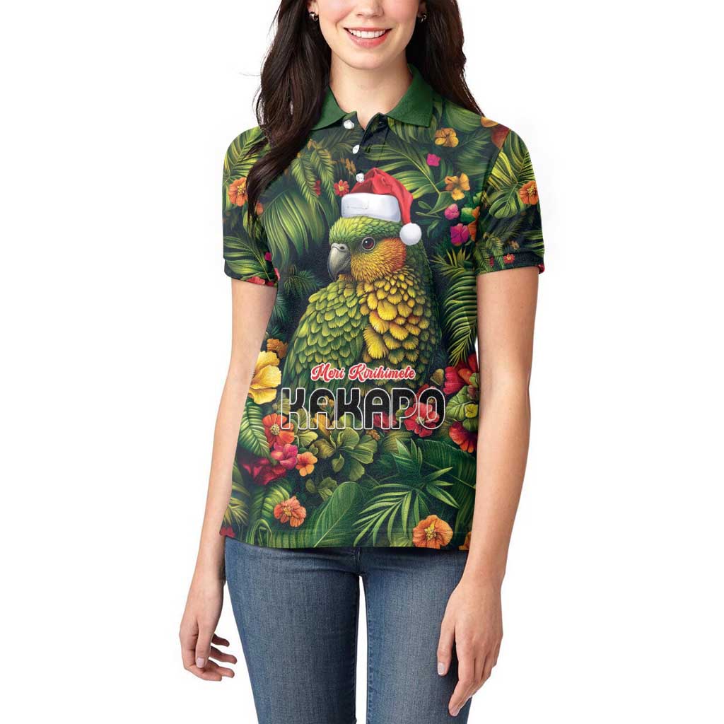 Meri Kirihimete Kakapo Women Polo Shirt New Zealand Christmas with Tropical Vibe