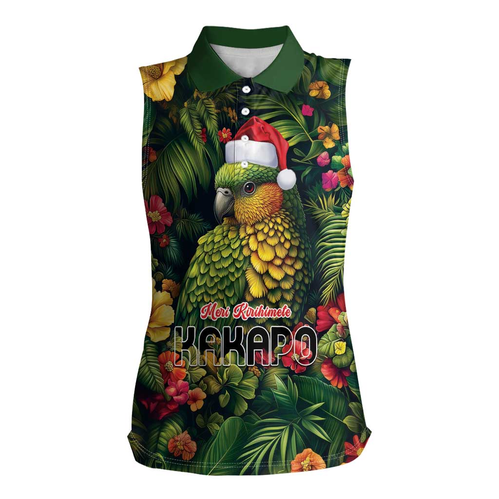 Meri Kirihimete Kakapo Women Sleeveless Polo Shirt New Zealand Christmas with Tropical Vibe