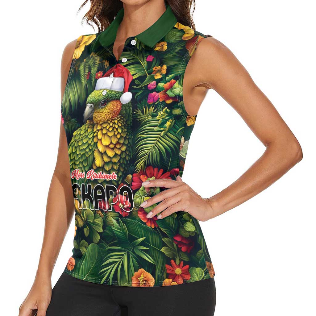 Meri Kirihimete Kakapo Women Sleeveless Polo Shirt New Zealand Christmas with Tropical Vibe